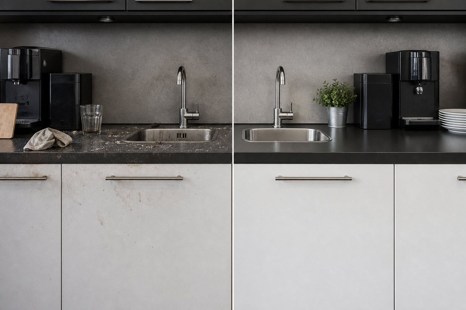 Voor en na schoonmaak van een kantoor pantry