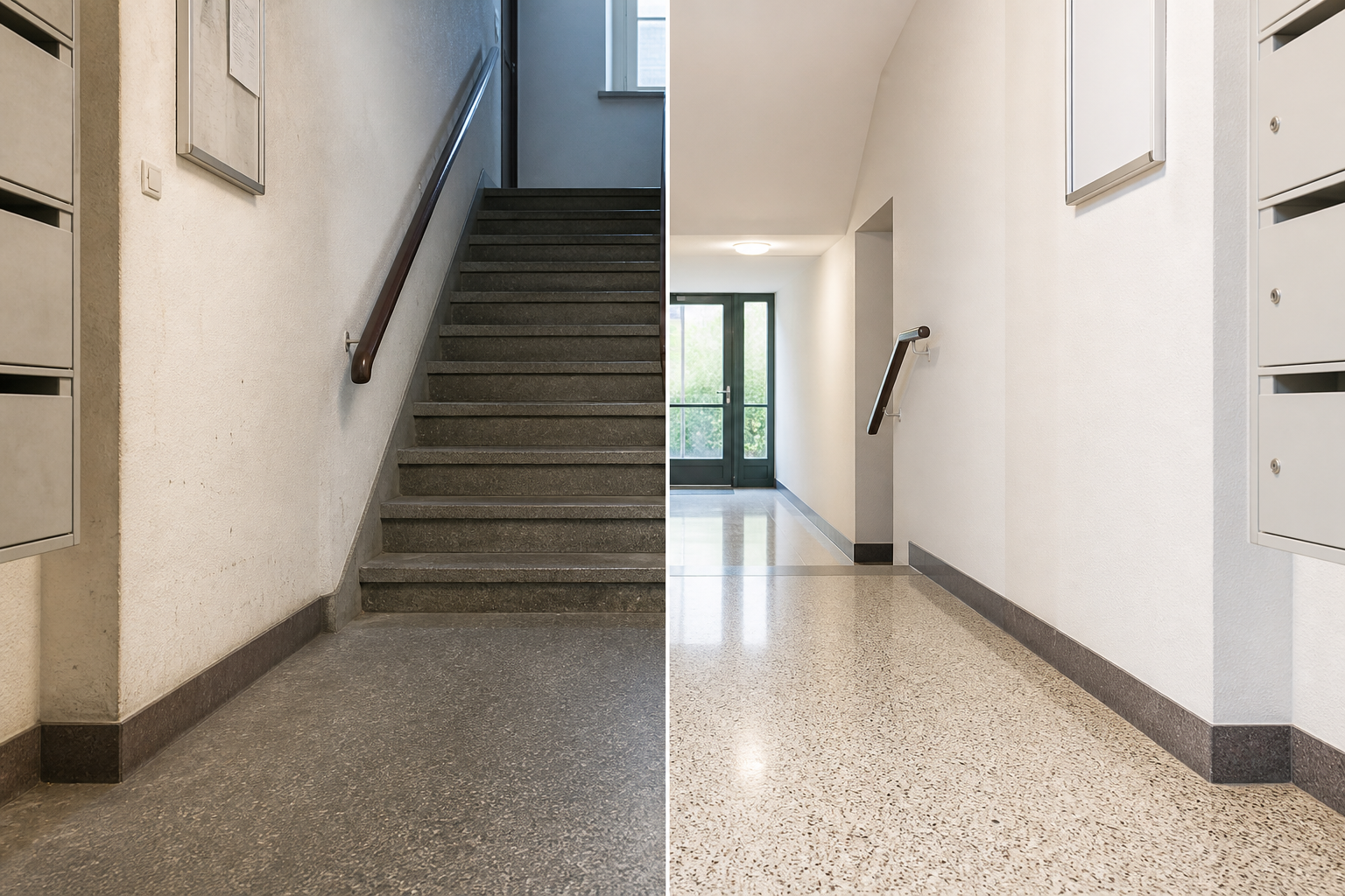 Voor en na schoonmaak van een trappenhuis